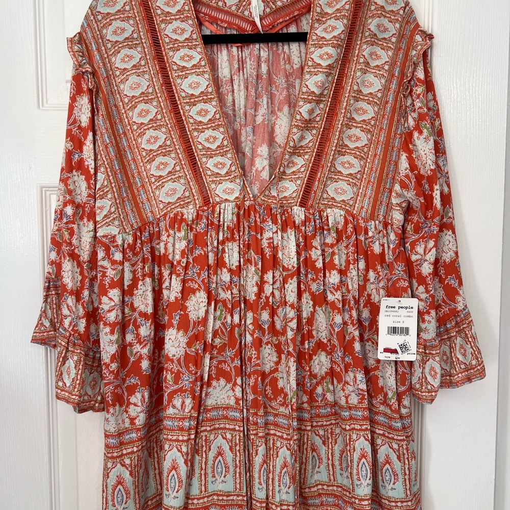 Free People Coral and White Patterned Dress